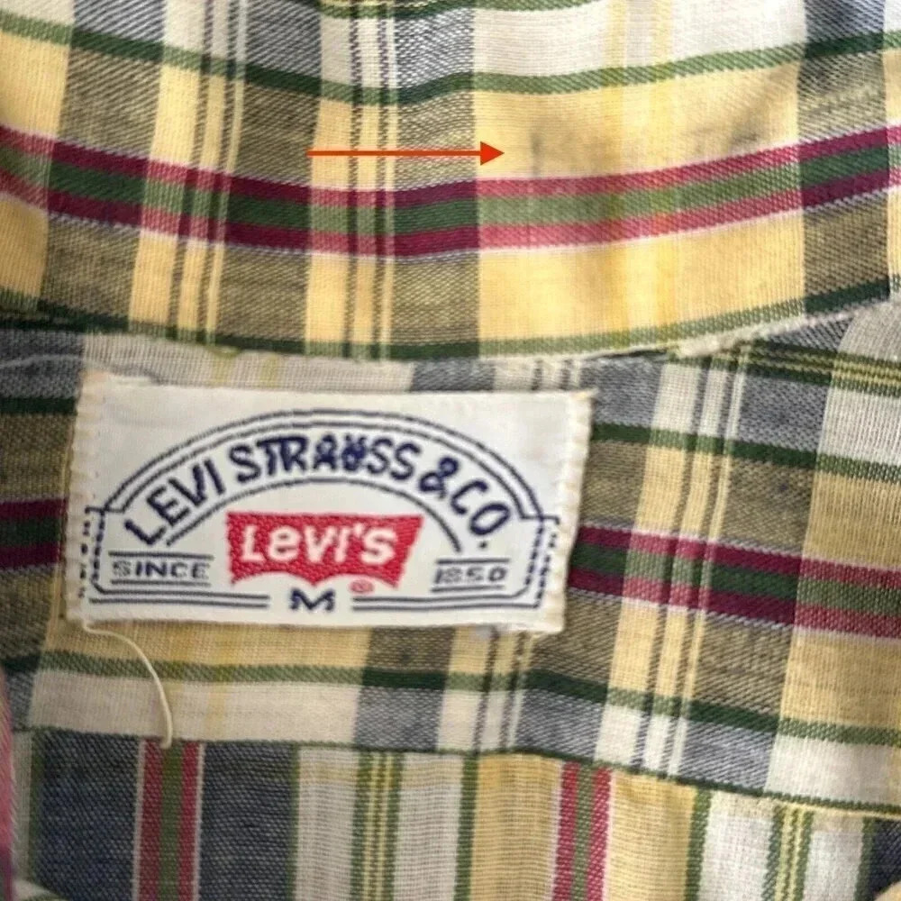 Vintage LEVI'S Shirt Mens S / M Long Sleeve Yellow Blue Plaid 70s 80s Button Up - Picture 9 of 11